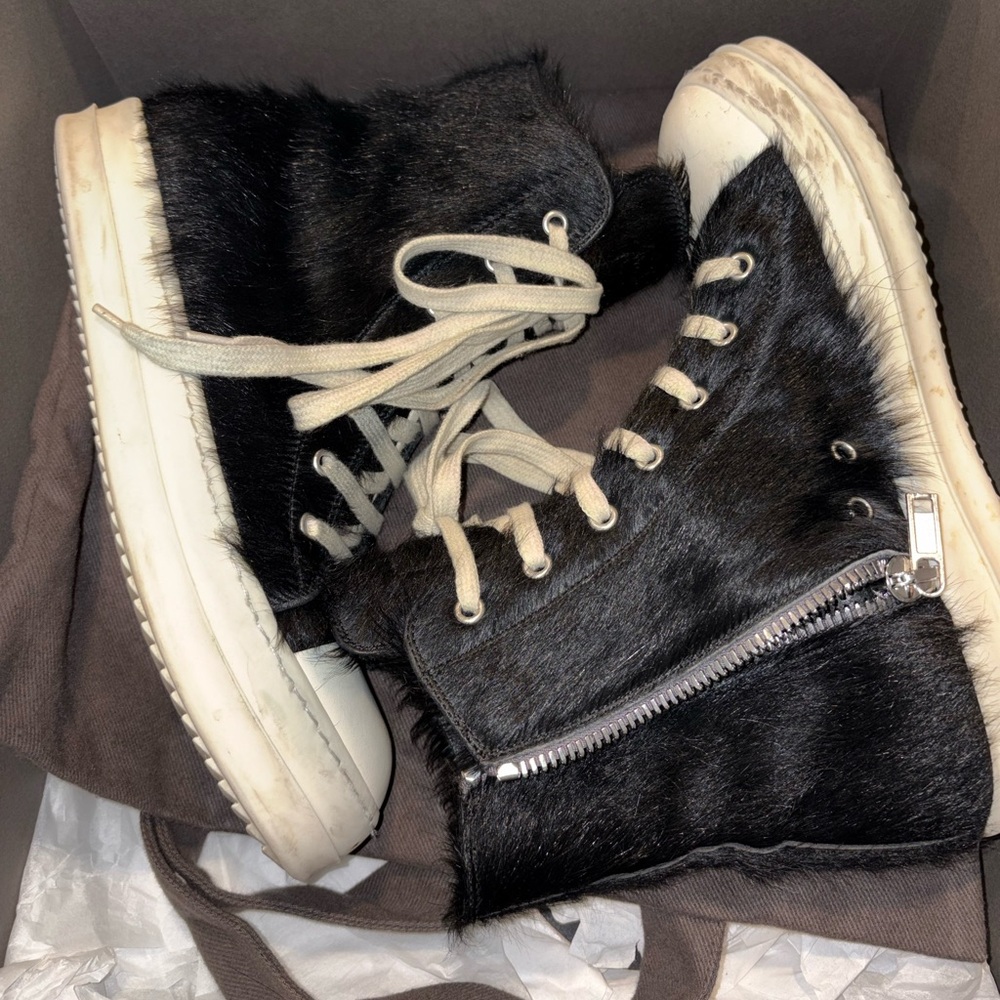 Rick Owens Black and White Fur Sneakers